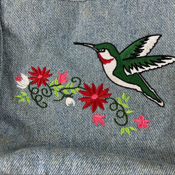 Vintage Cottagecore Mushroomcore Embroidered Denim Hummingbird Floral Handbag BL - Picture 15 of 15